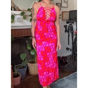 intage 60s 70s Beach Mates CA Mod Maxi Dress Lace Up Plunge Open Back Pink XS